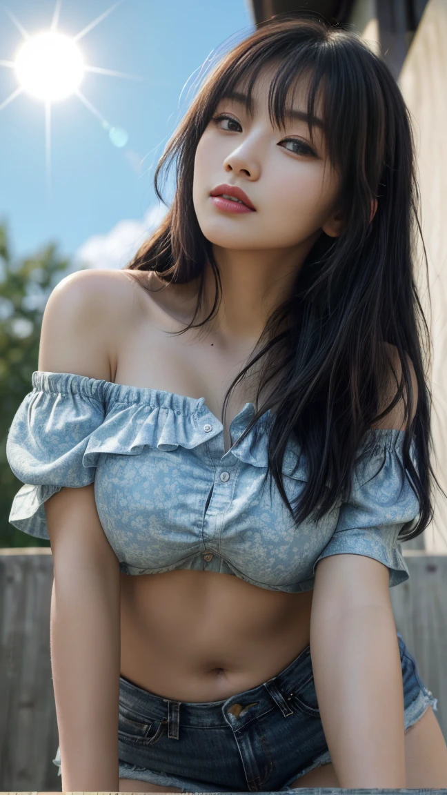 (((best quality, 8K, masterpiece:1.4)), (20 岁woman), masterpiece, clearly, High targetres, High target_quality, Wide_shooting, small_Face, Absurdly_short_hair, woman, Droop_breast, balance, stretch, Moderate_Face, only_Shoulder, ((best quality)), ((masterpiece)), (detailed), perfect Face, very big breast, ultra High target definition, 8K, Perfect body, Head-up display, Slender legs, small Face, Long eyelashes, Shiny lips, Attention to detail, Cleansing the skin, blemish-free Face, Japanese Beauty, 20 岁woman, (huge, saggy breast), (Surrealism) , (Implications), (Improve resolution), (8K), ((masterpiece)), (best quality), (detailed), best quality,masterpiece,ultra High target resolution,(Indeed:1.4),RAW Photographer,Pretty and beautiful,Dark Shadows,Dark theme,1 girl,Exquisite facial features,long gray hair,lol,(The wind blows through your hair,Black hair with bangs),Colorful deep v printed shirt,trivial Face,Off-shoulder deep V design),plump person,Fit for your body,Mini denim shorts,External,Afternoon Sunshine,Full body view,Start from below