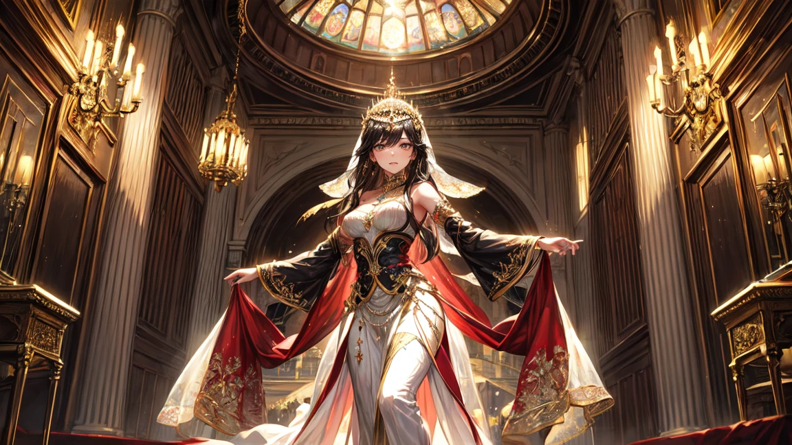 A beautiful woman in an elaborate, gold and emerald outfit similar to traditional Arabian or Persian attire, dancing in front of a majestic palace. The palace features intricate architecture with domes and arches, reflecting the splendor of ancient Arabian or Persian design. The woman has long, flowing dark hair adorned with gold jewelry and a confident expression. Her face is partially covered by a delicate face veil, revealing only her expressive eyes. Her attire includes intricate patterns and details, capturing the essence of Arabian or Persian culture. The overall atmosphere should be both regal and captivating, with the woman's graceful dance movements adding to the scene's elegance and charm.
