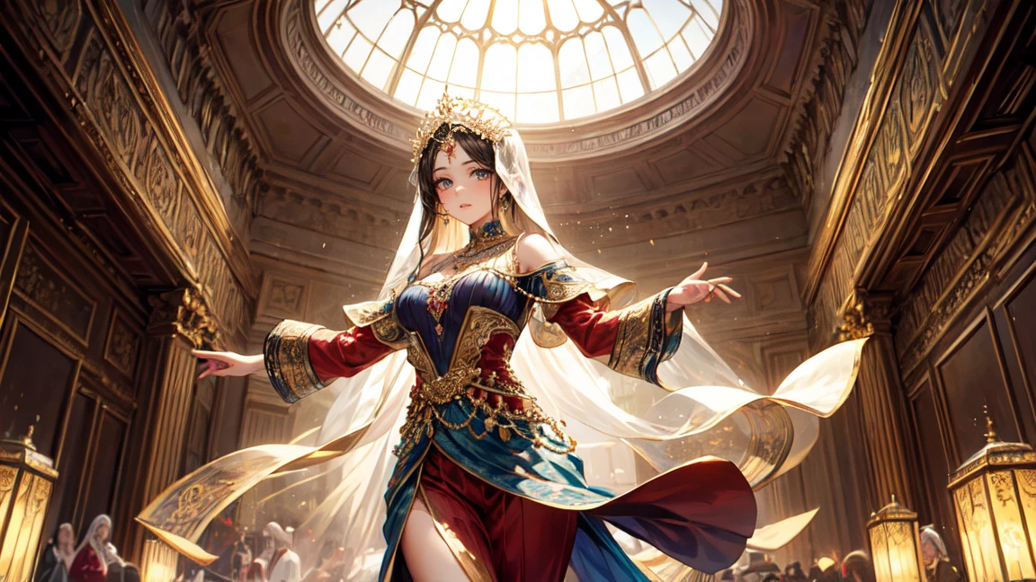 A beautiful woman in an elaborate, gold and emerald outfit similar to traditional Arabian or Persian attire, dancing in front of a majestic palace. The palace features intricate architecture with domes and arches, reflecting the splendor of ancient Arabian or Persian design. The woman has long, flowing dark hair adorned with gold jewelry and a confident expression. Her face is partially covered by a delicate face veil, revealing only her expressive eyes. Her attire includes intricate patterns and details, capturing the essence of Arabian or Persian culture. The overall atmosphere should be both regal and captivating, with the woman's graceful dance movements adding to the scene's elegance and charm.