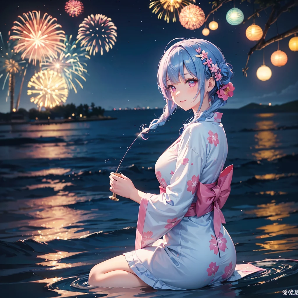 (Sky Blue Medium Hair:1.2), (Braided Hair),(Pink Eyes),Fair skin ,(whole body),(1 girl)、Floral Yukata、summer night、Extra-large fireworks filling the night sky、Huge fireworks launched from the sea、Watching the fireworks while sitting next to each other、Straight bangs,(masterpiece, Highest quality, Very detailed, Best Shadow), (Detailed Background), (Beautifully detailed face), High Contrast, (Best lighting, Very delicate and beautiful), ((Cinematic Light)), colorful, Hyper Detail 8k, Dramatic Light, Intricate details,Fireworks reflected on the water surface、