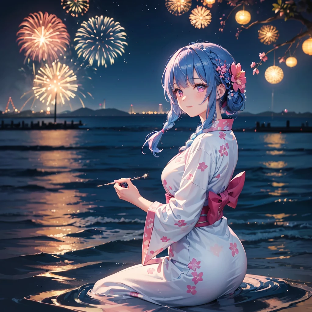 (Sky Blue Medium Hair:1.2), (Braided Hair),(Pink Eyes),Fair skin ,(whole body),(1 girl)、Floral Yukata、summer night、Extra-large fireworks filling the night sky、Huge fireworks launched from the sea、Watching the fireworks while sitting next to each other、Straight bangs,(masterpiece, Highest quality, Very detailed, Best Shadow), (Detailed Background), (Beautifully detailed face), High Contrast, (Best lighting, Very delicate and beautiful), ((Cinematic Light)), colorful, Hyper Detail 8k, Dramatic Light, Intricate details,Fireworks reflected on the water surface、