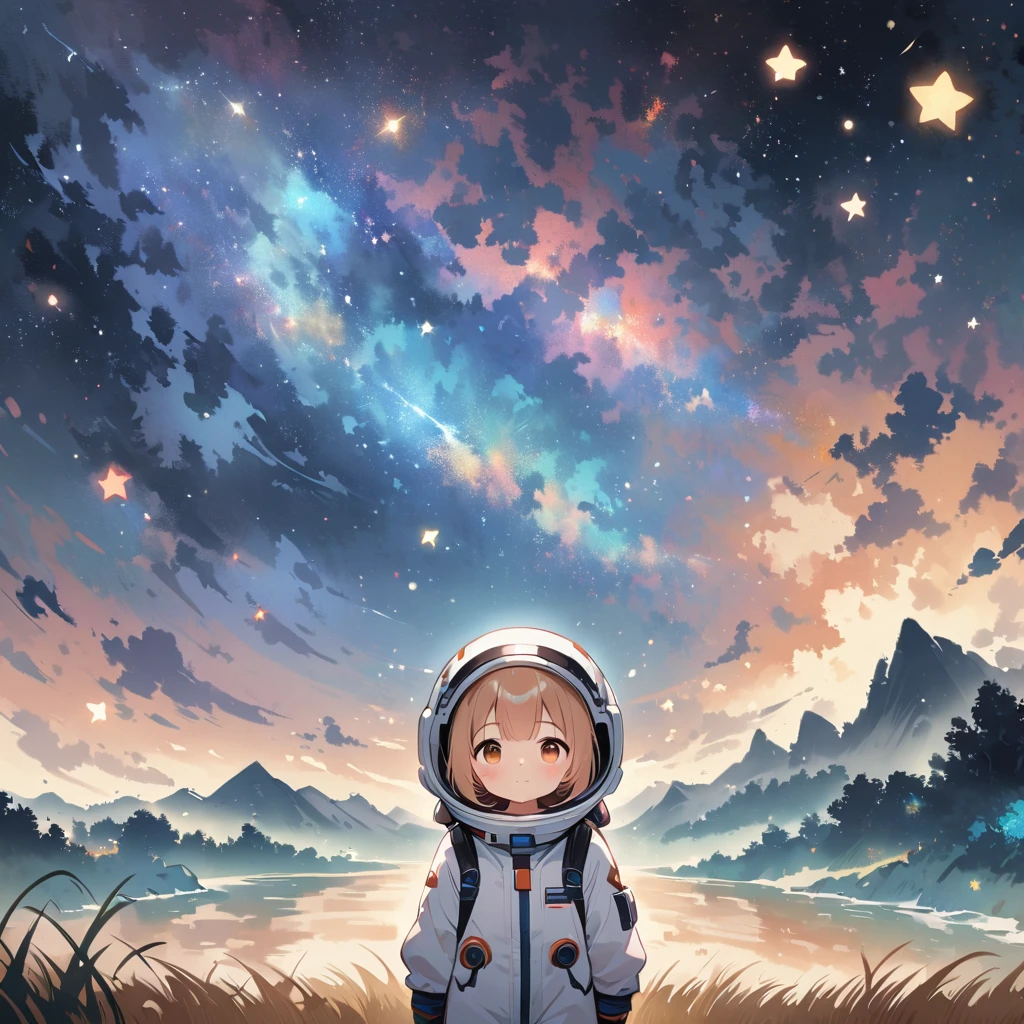 Girl in spacesuit floating in ยานอวกาศ, surrounded by the Milky Way, the universe , cutely. คุยกับเอเลี่ยน