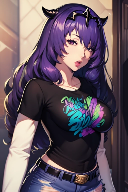 defCamilla, tiara, purple hair, 1girl, solo, standing, black t-shirt, white shirt, blue jeans, belt, lipstick, large breasts