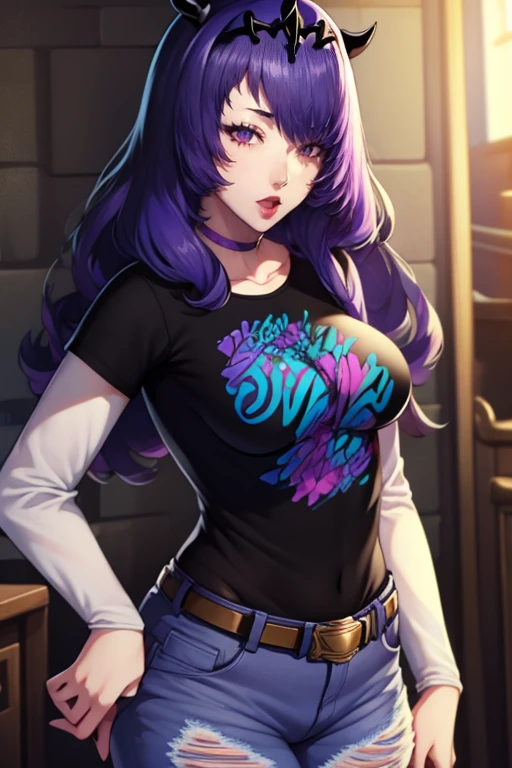 defCamilla, tiara, purple hair, 1girl, solo, standing, black t-shirt, white shirt, blue jeans, belt, lipstick, large breasts