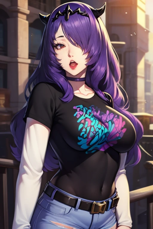 defCamilla, tiara, purple hair, 1girl, solo, standing, black t-shirt, white shirt, blue jeans, belt, lipstick, large breasts