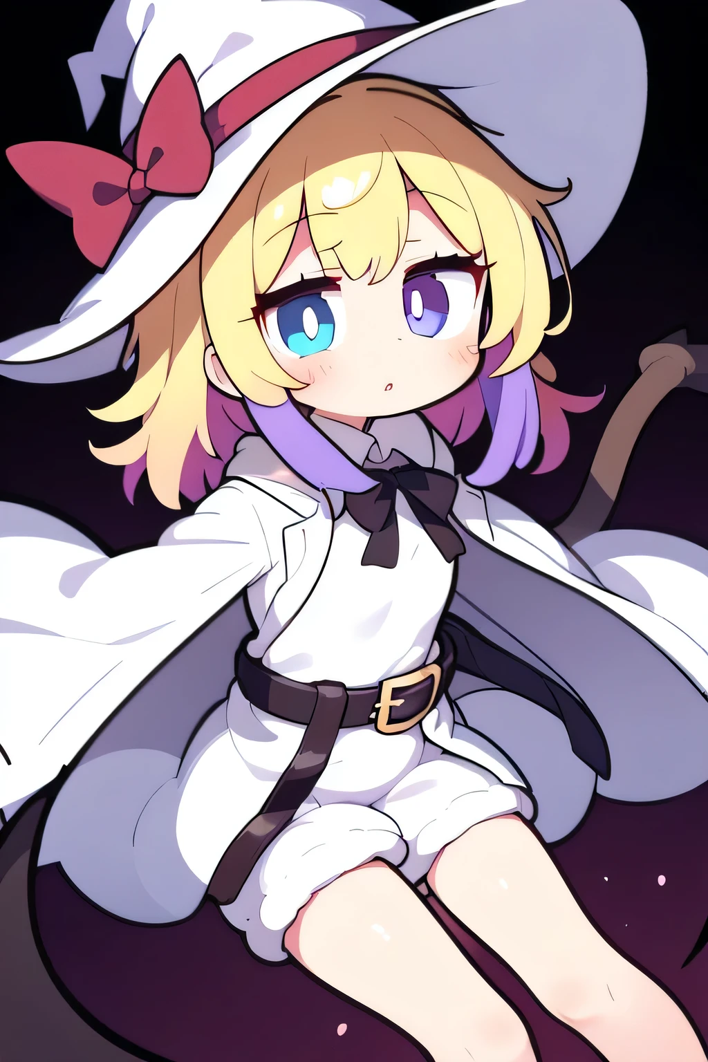 little_girl, ,mahomaho, diabellze, blue eyes, blonde hair, purple hair, multicolored hair, witch hat, white coat, white bodysuit, multiple belts, legs, dynamic angle, 