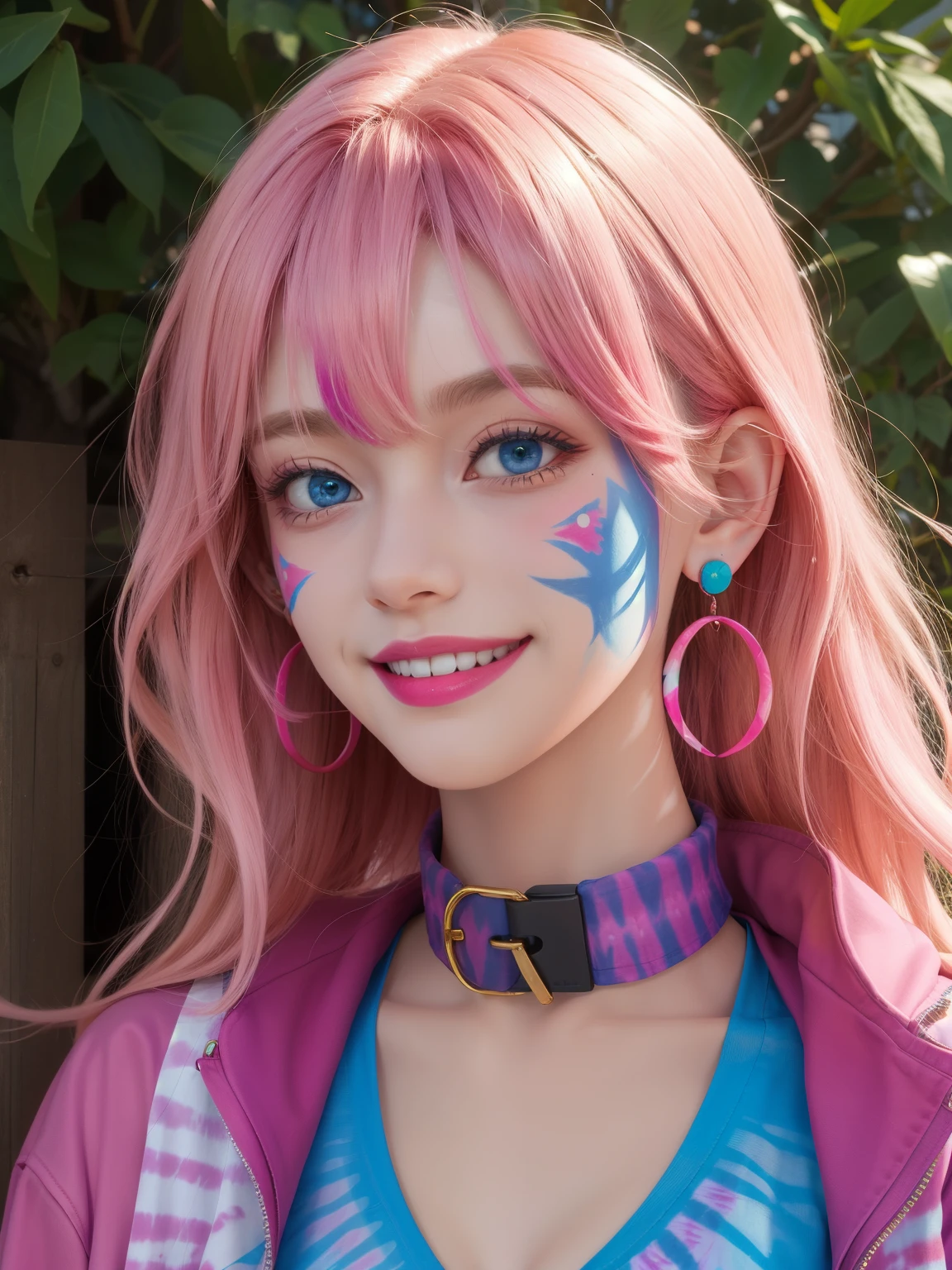 woman, face paint, facepaint, hot pink hair, bangs, blue eyes, tie-dye jacket, grin, outdoors, earrings, collar