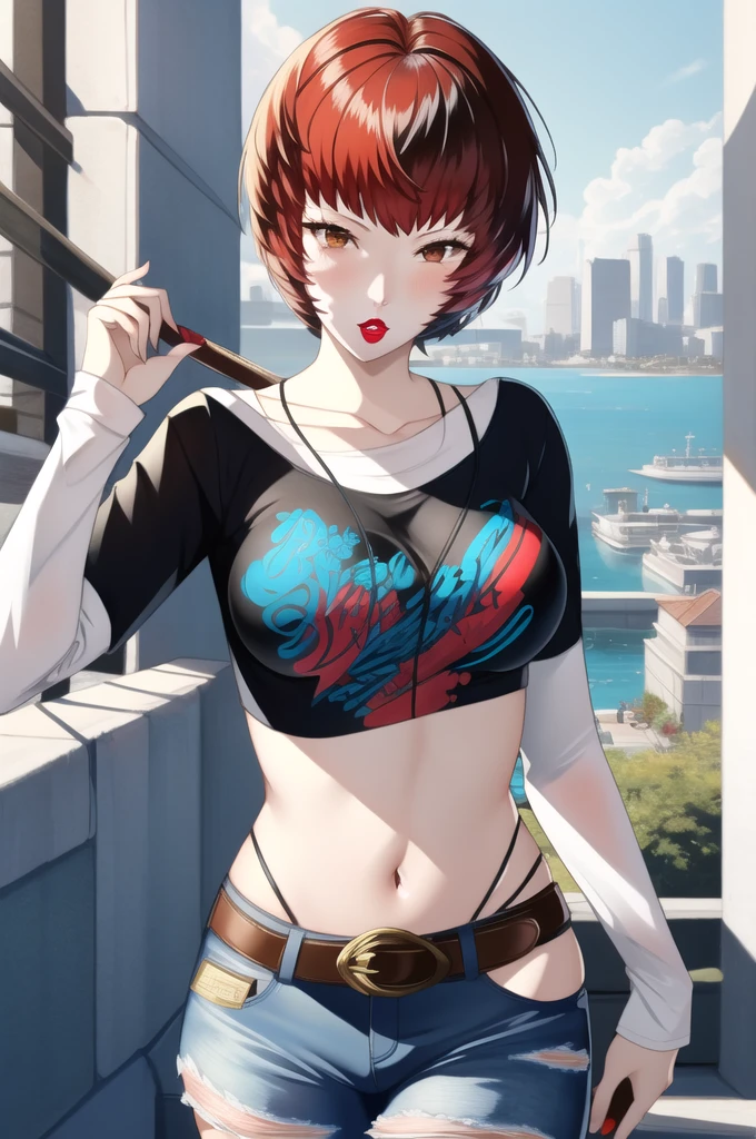 masterpiece, best quality, hinoka, red hair, 1girl, solo, black t-shirt, white shirt, blue jeans, belt, lipstick, large breasts, layered sleeves