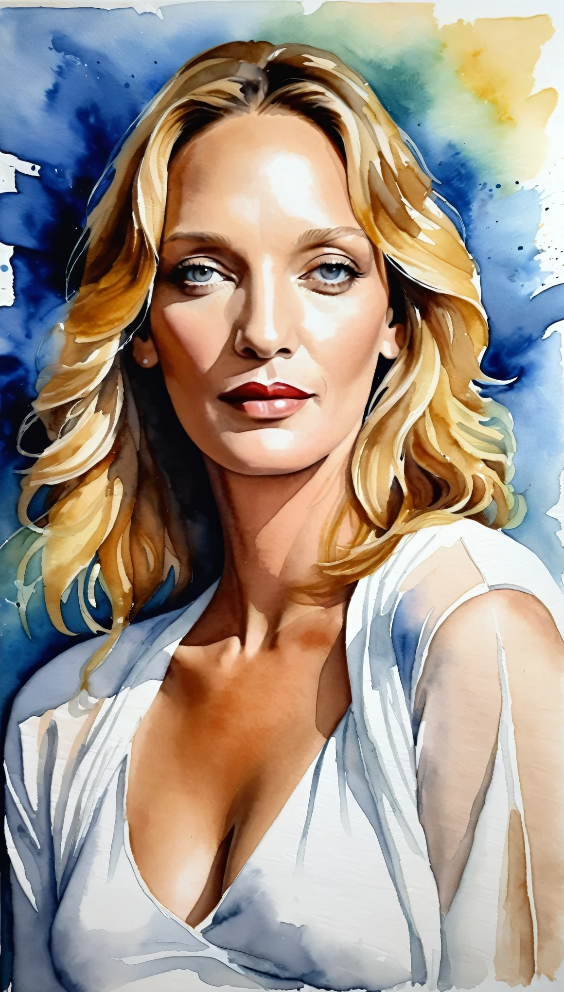 masterpiece,Uma Thurman Acrylic and Watercolor Painting,(Beautiful gradation created by layering),(Tarashikomi technique),A delicate touch