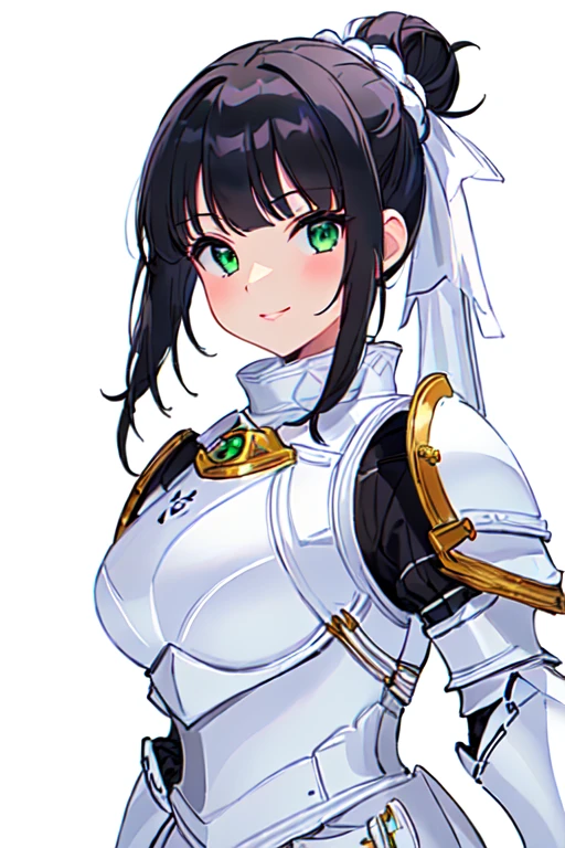 (masterpiece, Highest quality),One girl, 18-year-old, White, Green Eyes, Perfect Eyes, Perfect Iris, The perfect student, Perfect Lips,Perfect Nose, Perfect hands, Very fine hand, Perfect Fingers, ((Black Hair: 1.1)), ((updo: 1.1)), Hair Bun, (Medieval Armor), ((White armor: 1.7)), ornate hairpin, ((Simple Background: 1.2)), Detailed professional photos of beautiful women, Upper Body, ((have confidence)), (Pause:Looking into the camera), (tsurime: 1.2), Smile