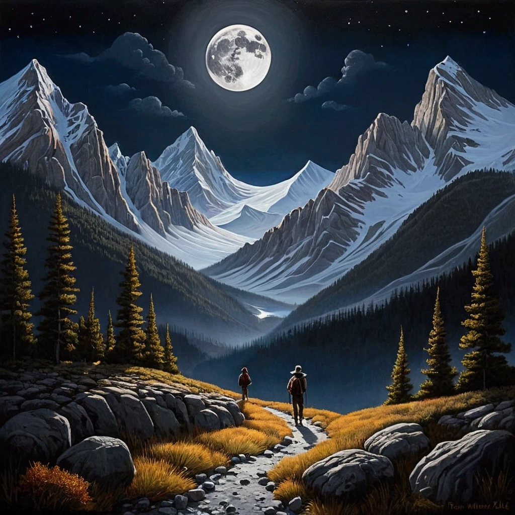 Landscape painting、Dark Night、Small Moon、full moon、wilderness、Rocky Mountain、desolate、journey、Four Travelers、Back view、