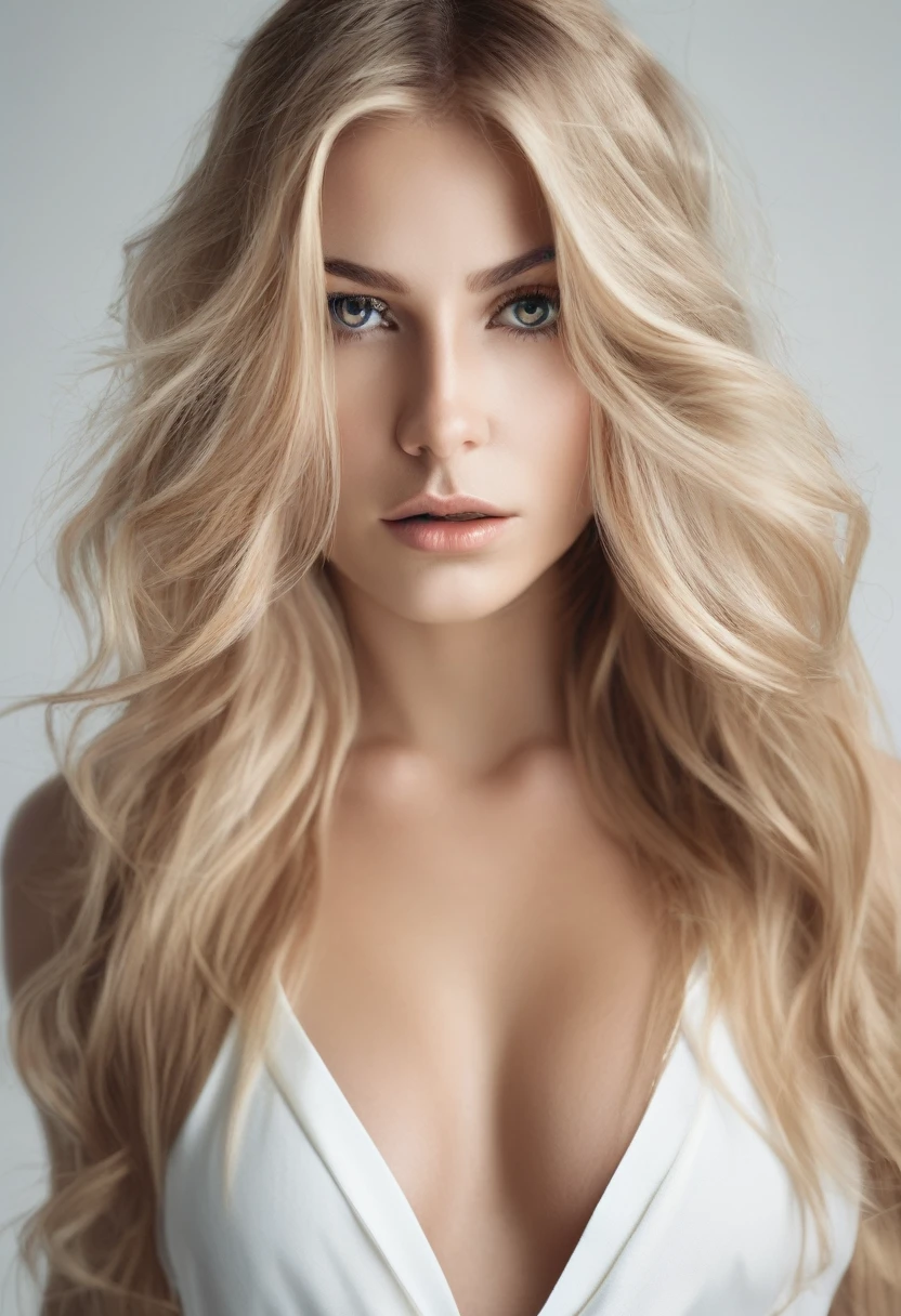 Photograph of a beautiful girl, whole body, wear nothing, bend over, long flowing blonde hair, large bust, close your eyes to the camera, Eye shadow, symmetrical eyes, symmetrical face, ultra-realistic photo, photography, Path layout, specular lighting, Volumetric facial light, Hair path, Visible shadows, complex, Elaborate, White background
