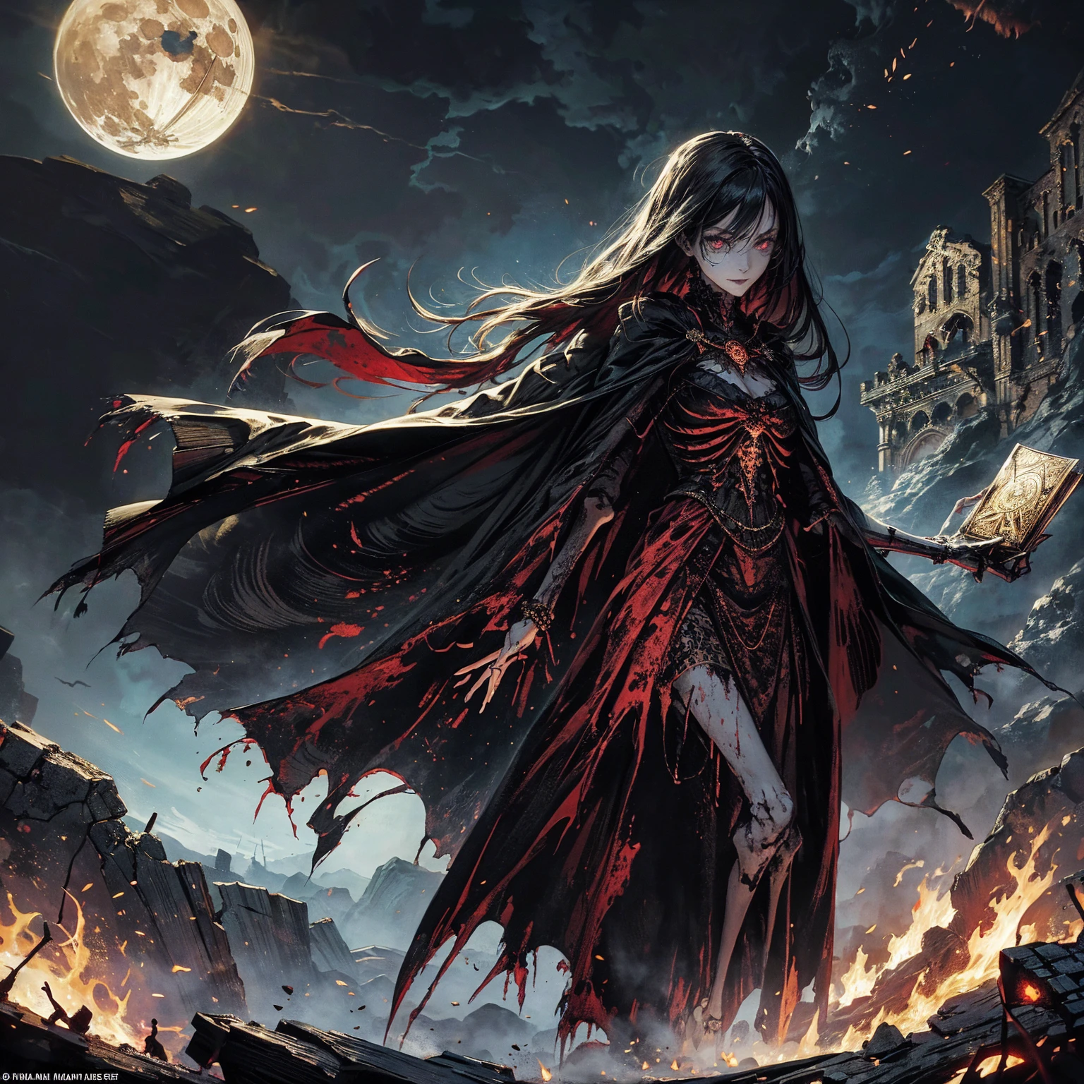 full body:1.5 (foot should be viewable), best quality, 4K, high resolution, masterpiece:1.2, Very detailed, actual:1.37, Mood lighting, A black hair undead girl in a long cape, Torso and limb is skeleton bone but head is beautiful human face, Wearing a ragged gothic skirt, Aloofness emotion, Dangerous sneer, beautiful but bitter smile, Black tears of blood flowed from eyes, A hand holding an ancient magic book, Standing, Facing the camera, Crucified, Pitch black sky, Blood-red moon, strange atmosphere, Gothic style, Unforgettable beauty, Dramatic shadows, Ethereal Light, Mysterious atmosphere, Necromancer, Dark Magic, Resurrection of the Dead, Resurrected zombies and skeletons roaming around.