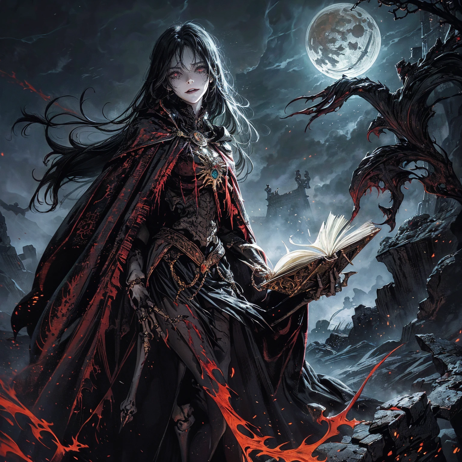 full body:1.5 (foot should be viewable), best quality, 4K, high resolution, masterpiece:1.2, Very detailed, actual:1.37, Mood lighting, A black hair undead girl in a long cape, Torso and limb is skeleton bone but head is beautiful human face, Wearing a ragged gothic skirt, Aloofness emotion, Dangerous sneer, beautiful but bitter smile, Black tears of blood flowed from eyes, A hand holding an ancient magic book, Standing, Facing the camera, Crucified, Pitch black sky, Blood-red moon, strange atmosphere, Gothic style, Unforgettable beauty, Dramatic shadows, Ethereal Light, Mysterious atmosphere, Necromancer, Dark Magic, Resurrection of the Dead, Resurrected zombies and skeletons roaming around.