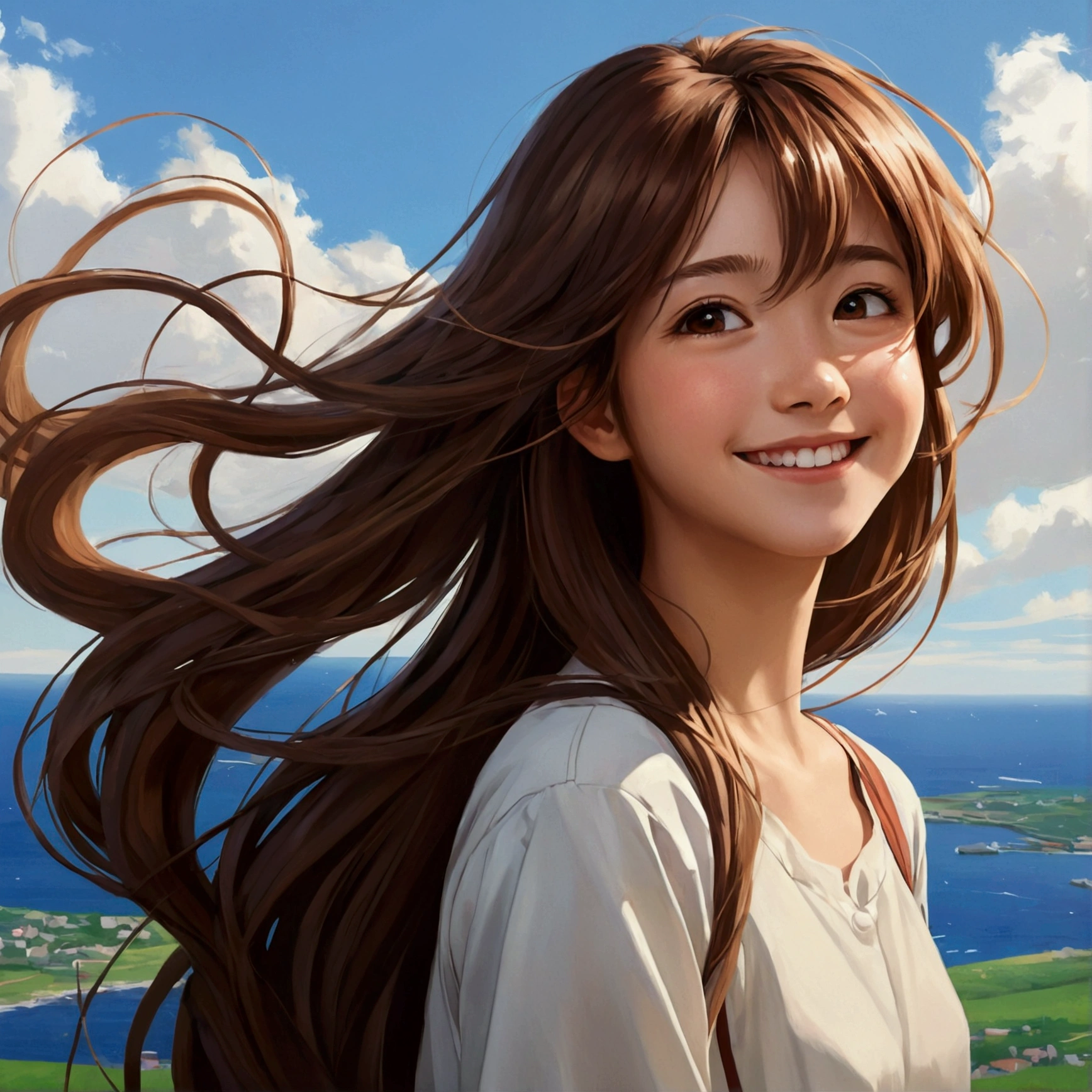 One girl, smile, Brown Hair, Very long hair, far and near method, Abstract painting, High resolution, accurate, Textured skin, Hair blowing in the wind, Overlooking, Decorative art, Illustration, anime, anime風, Ghibli-style colors, 