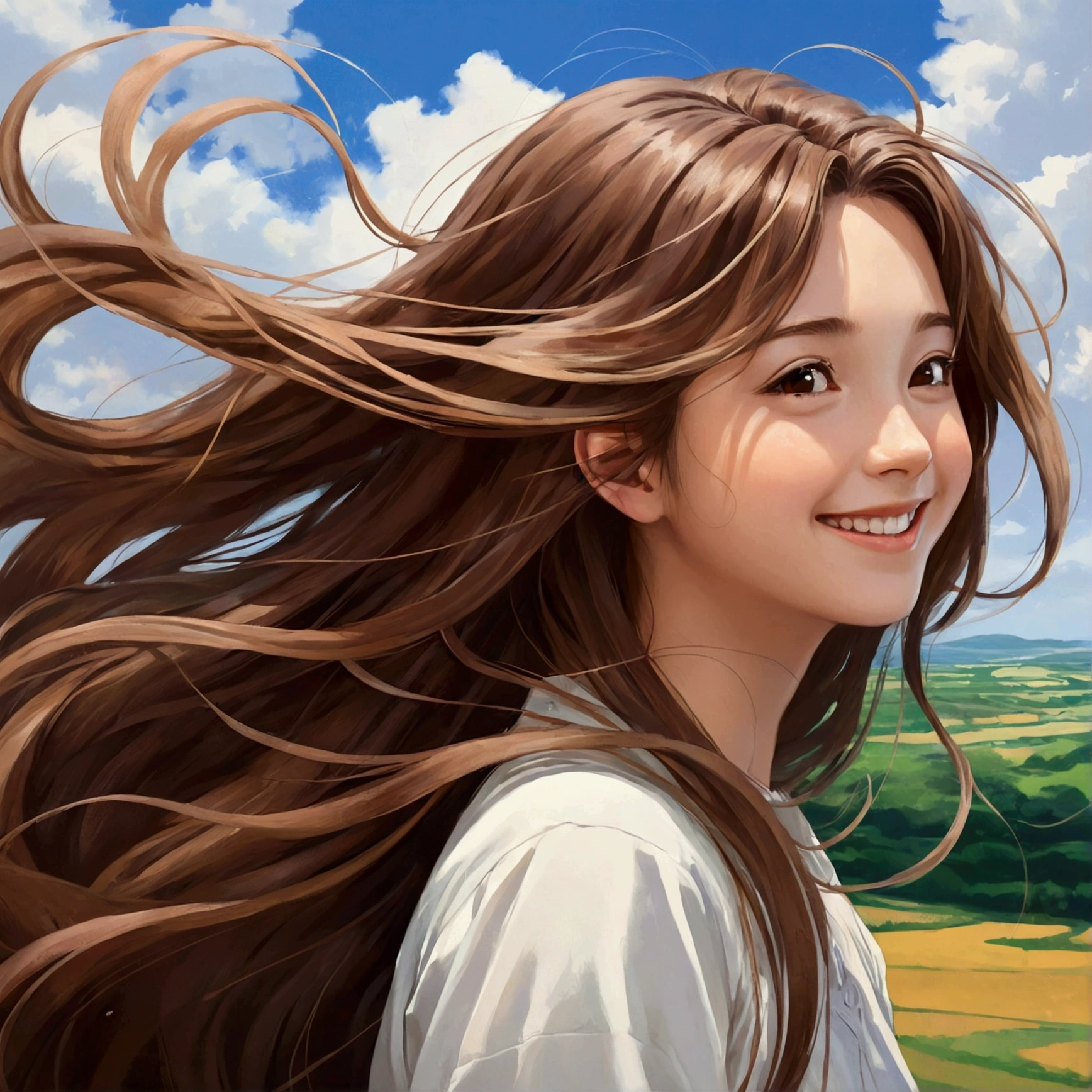 One girl, smile, Brown Hair, Very long hair, far and near method, Abstract painting, High resolution, accurate, Textured skin, Hair blowing in the wind, Overlooking, Decorative art, Illustration, anime, anime風, Ghibli-style colors, 