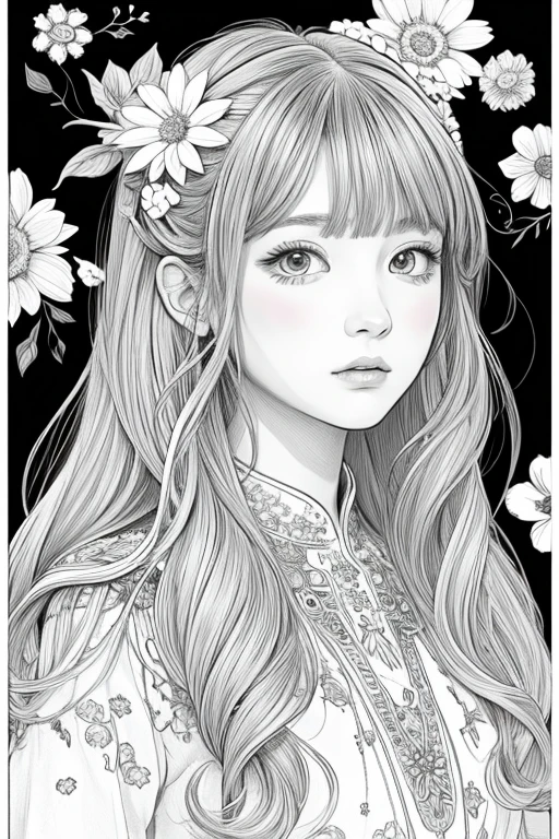 Coloring book、An illustration、With lots of flowers、Long Hair Girl