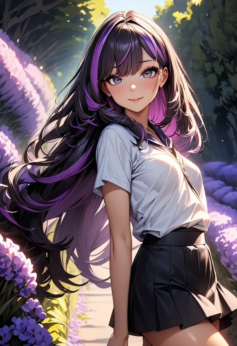 (highest quality:1.2, Very detailed, up to date, Vibrant, Ultra-high resolution, High Contrast, masterpiece:1.2, highest quality, Best aesthetics), Portraiture、girl、Bright colors、Beautiful fine details、Beautiful lip detail、long hair、black and purple ((streaked hair:1.6)), highlights hair: 1.5, rbrown eyes, slim body, small breast, light purple polo-shirt, wthite tight mini skirt, taking a walk in the beautiful lavender garden、sunny day, Cowboy shot,