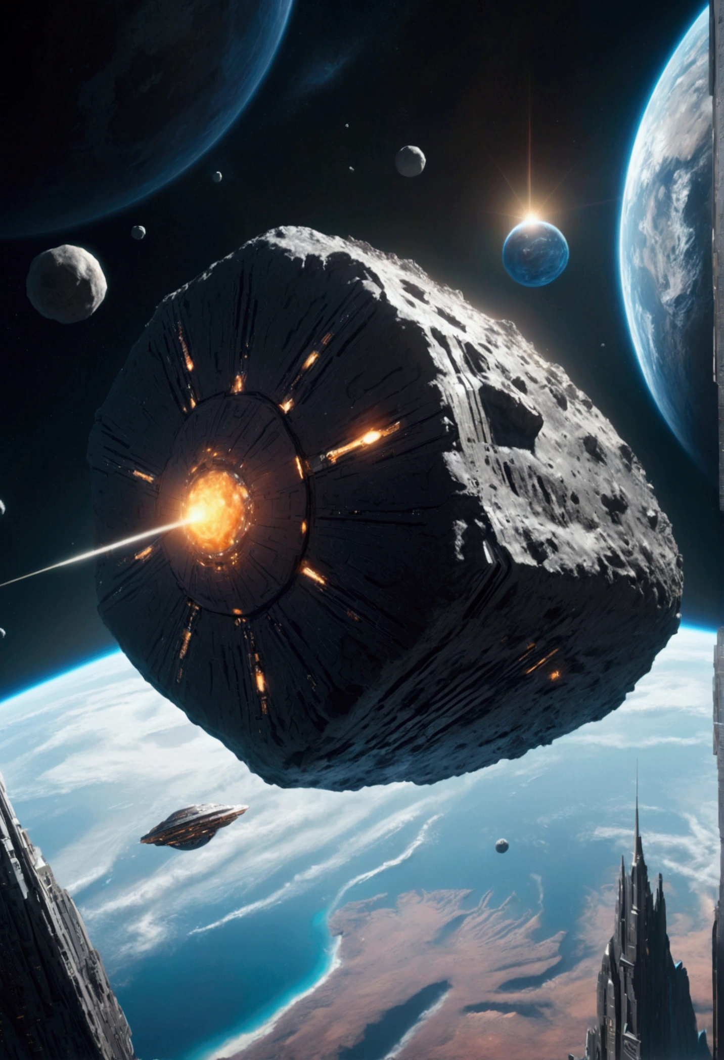 A huge asteroid floating in space with a futuristic spaceport building situated on top of it