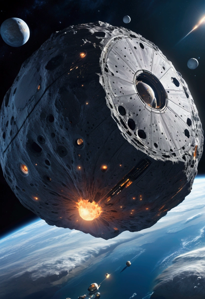 A huge asteroid floating in space with a futuristic spaceport building situated on top of it