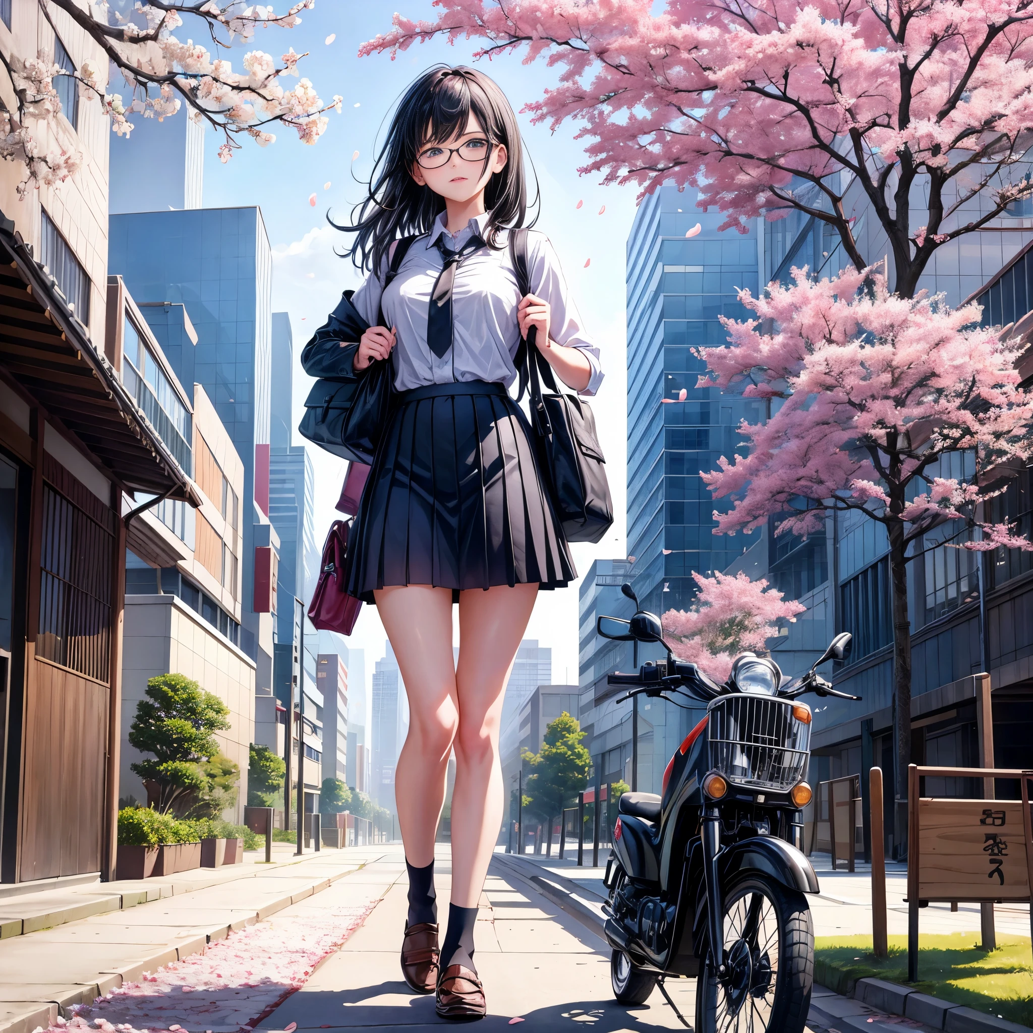 Masterpiece of the Highest Quality, Super Detailed Figure:
(Equipped: 1.4)
One Girl:
Black Hair, adorned with glasses, small breasts, wearing a with a tie, a matching skirt, and a school bag slung over one shoulder.
Outdoor setting on a road in Japan, between the breasts of the image, the school bag is visible, revealing a glimpse of ground vehicles in the distance. The scene is set during the day, with danchi buildings visible in the background, cherry blossom petals gently drifting down, adding a touch of elegance to the urban setting. The image is a captivating portrait, showcasing the girl