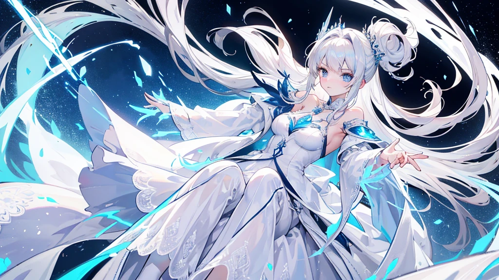 Alexia Endfield is a striking figure in her elegant, white gown designed for both beauty and functionality. The gown features intricate lace detailing and a flowing, tiered skirt that allows for fluid movement during combat. Adorning her head is a delicate silver tiara with small, sparkling gems, adding a touch of regality to her appearance. She wears a sleek, silver ring and a pendant that enhance her ice magic capabilities. Her white, form-fitting combat boots are both stylish and practical, providing support and agility. A long, white cloak with ornate embroidery completes her look, while her shimmering blue Frostbite Blade, which she wields with precision, highlights her mastery of ice magic. Her serene face, framed by long silver hair tied neatly, reflects both her dedication and her gentle, loyal nature.