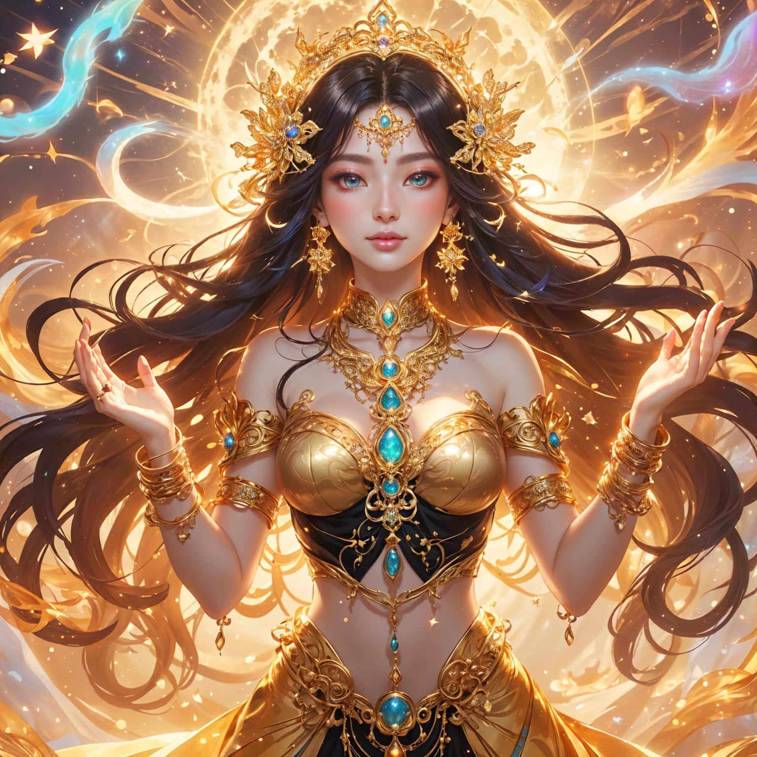 woman , , pink mouth ,Dressed in gold, standing in front of a crescent moon., goddess of heaven, goddess of the moon, anime goddess, beautiful heavenly mage, lunar goddess, Moon Goddess, Golden Lotus Princess, Goddess of the Galaxy, Beautiful Fantasy Empress, ((Beautiful Fantasy Empress)), Goddess and Moon, As the sun goddess,, Goddess of space and time , , Fine gold jewelry