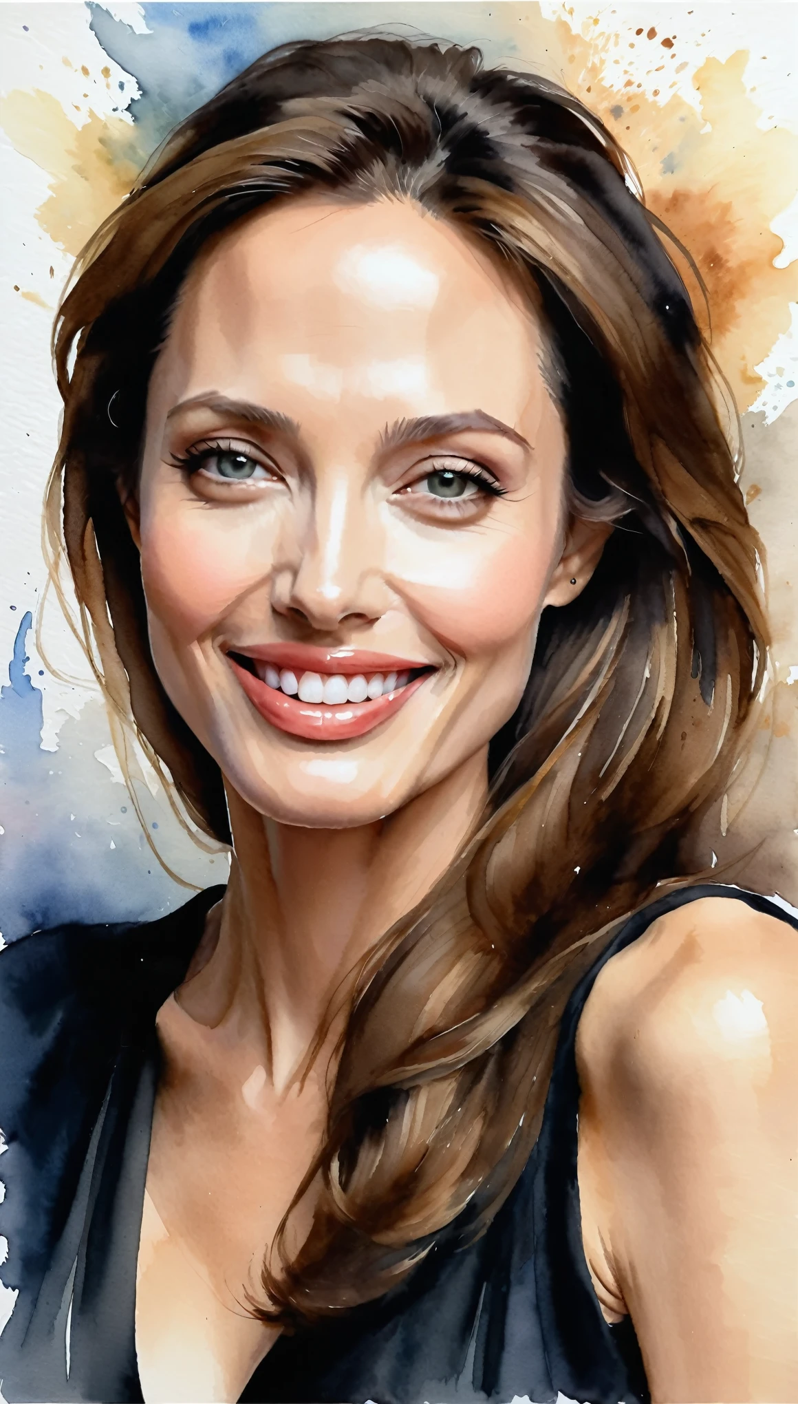 masterpiece,Angelina Jolie acrylic watercolor painting,(smile:1.6),(Beautiful gradation created by layering),(Tarashikomi technique),A delicate touch