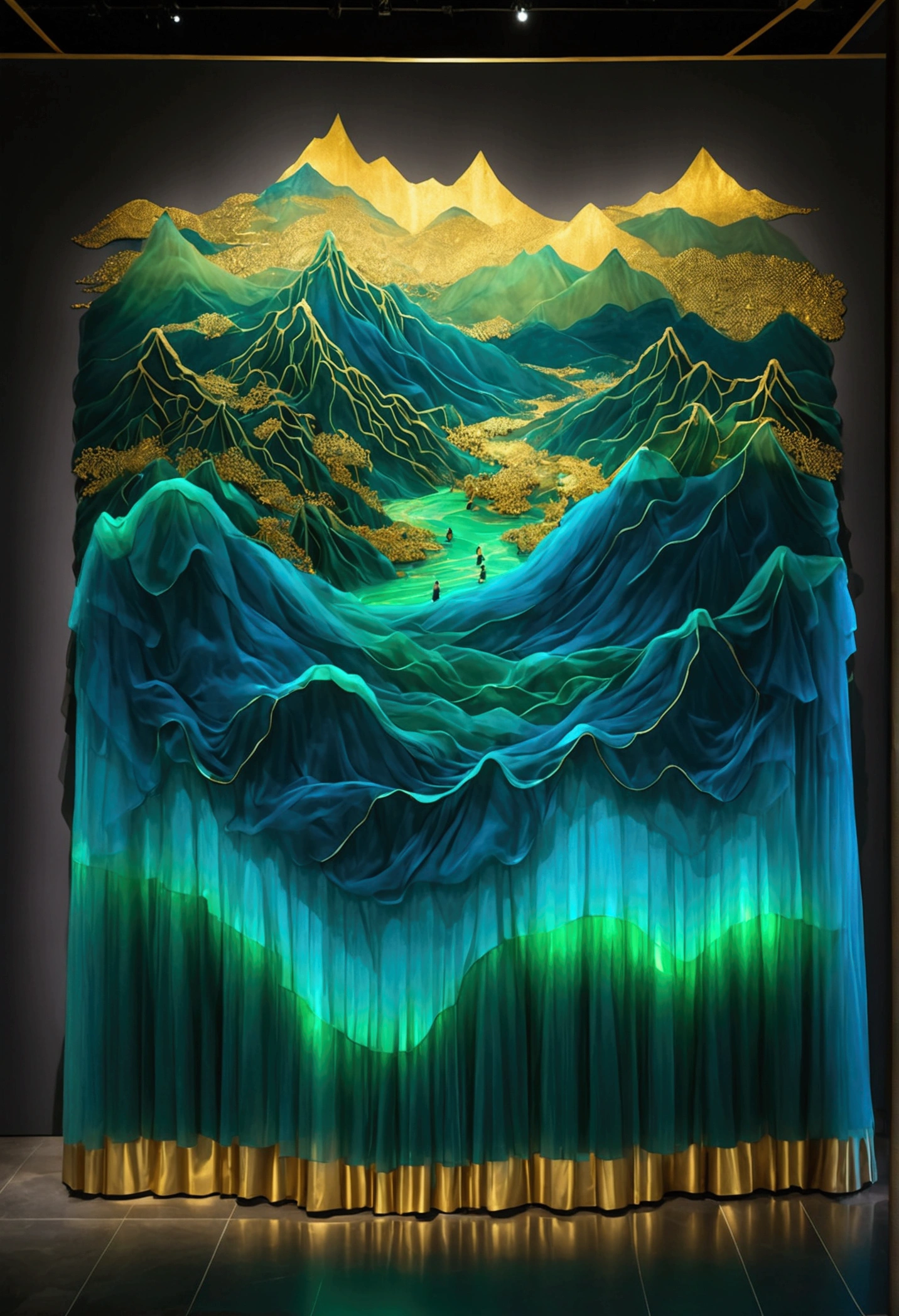 An art installation in the art museum, Wang Ximeng's map of a thousand Li of rivers and mountains, translucent tulle made of blue to green gradient peaks, gold hook edge, curves, waves, surrealism, internal glow, dark background, small people, 8k --ar 3:4