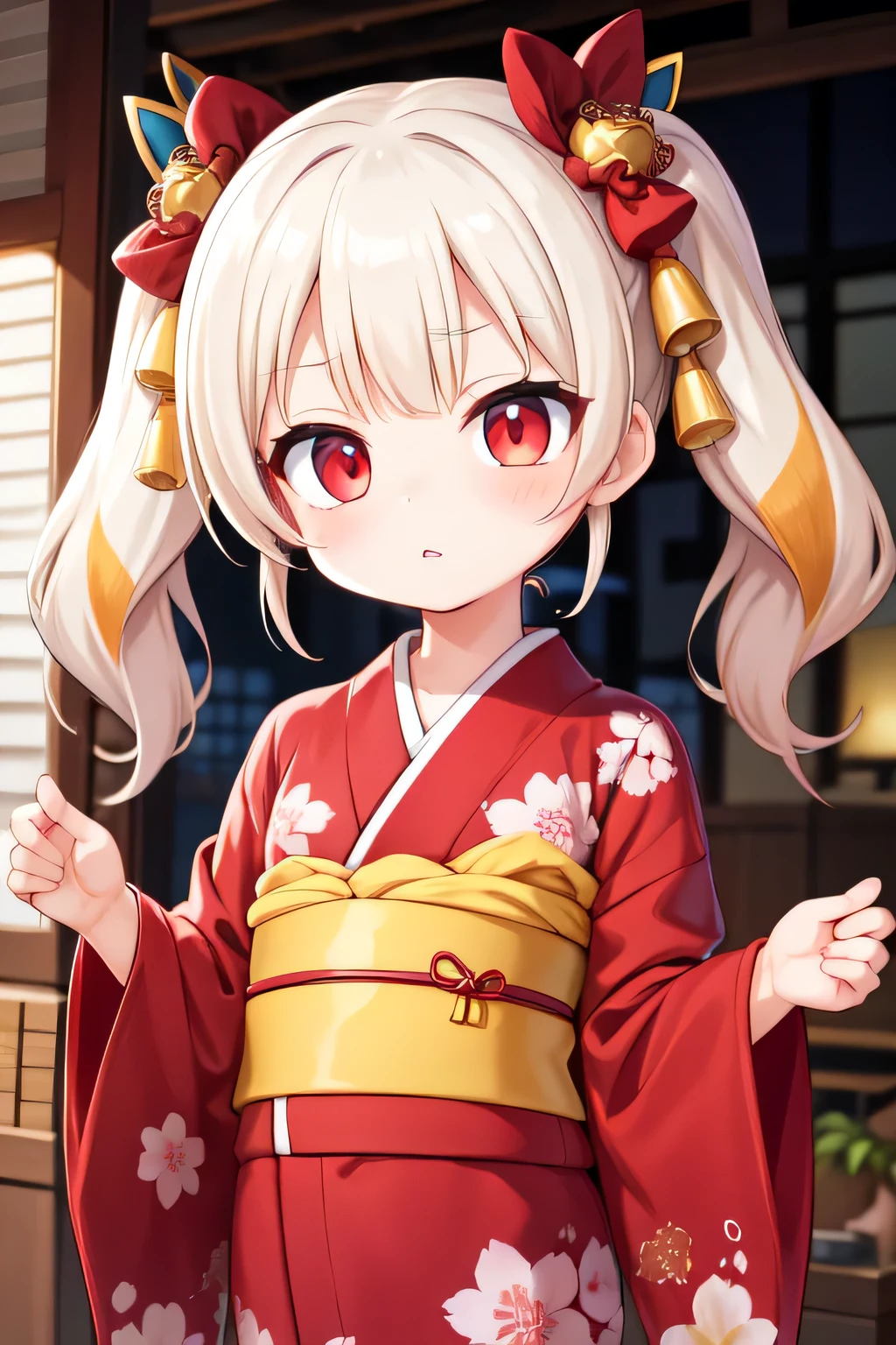 little_girl, Emi, two-tone hair, red eyes, pigtail, hair ornaments, red kimono, print kimono,