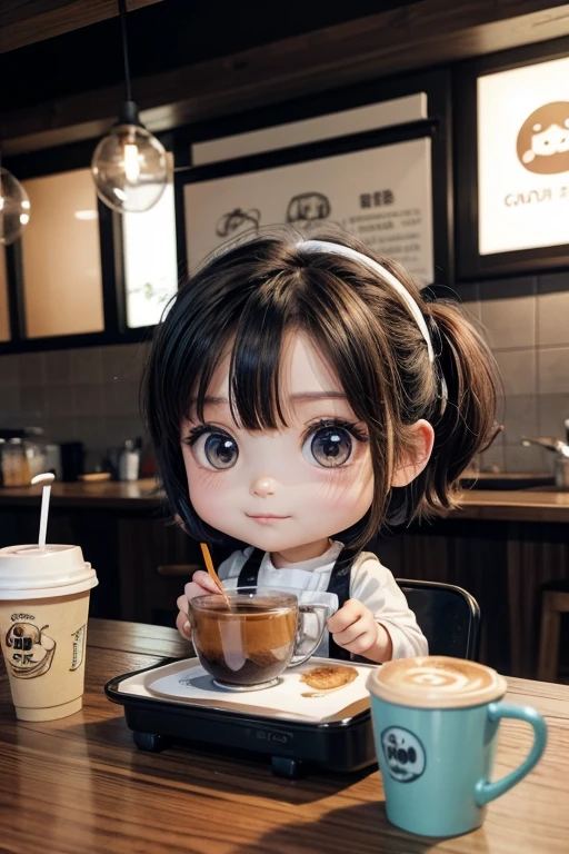 chibi character cook outfit drinking coffee