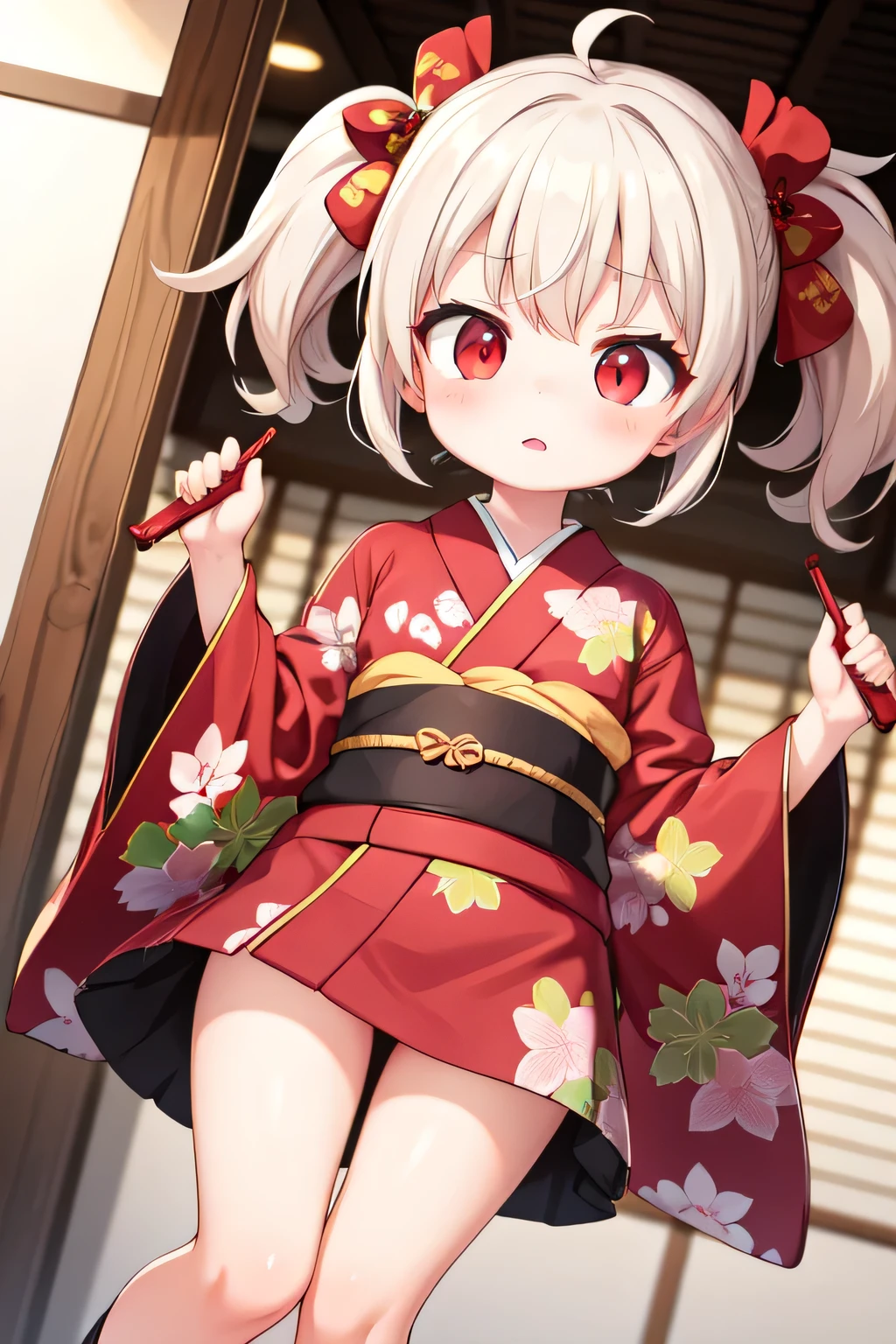 little_girl, Emi, two-tone hair, red eyes, pigtail, hair ornaments, red kimono, print kimono, legs, dynamic angle,