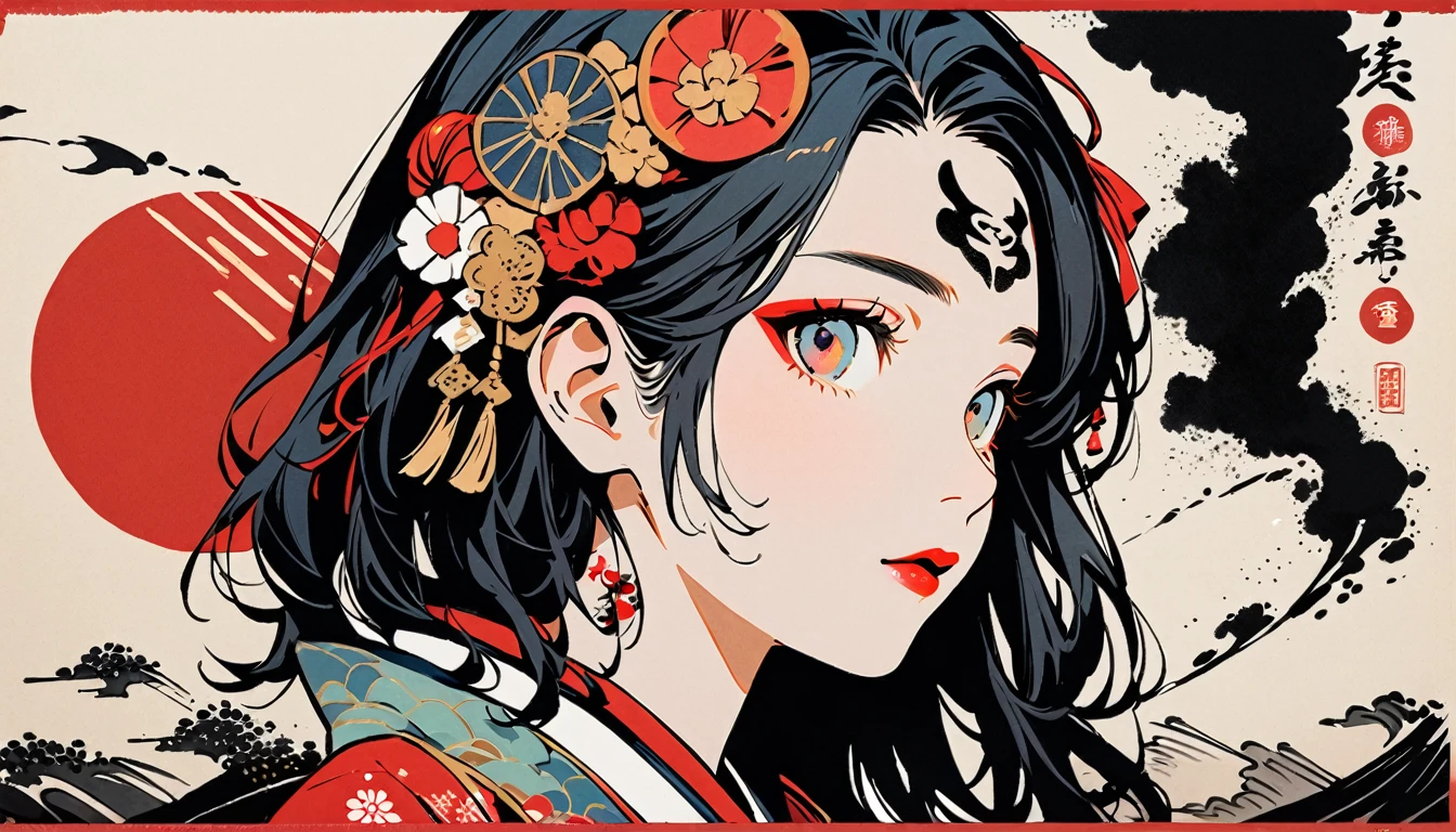 (((Ink Painting))), Fashion portrait color photos, (((1 girl))), (((Tattoo in the center of the forehead))), (((Very flashy hair accessories))), (((Very flashy makeup))), Japanese style headphones, devil, face close-up, front view, Japan人の美少女, Black Hair, Delicate and precise, Modern ukiyo-e style,Japan, Japanese flag, Big tiger