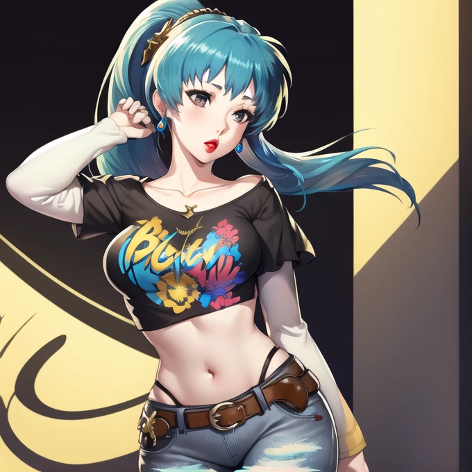 eirika,hair ornament,earrings ,ponytail, 1girl, solo, standing, black t-shirt, white shirt, blue jeans, belt, lipstick, large breasts, layered sleeves