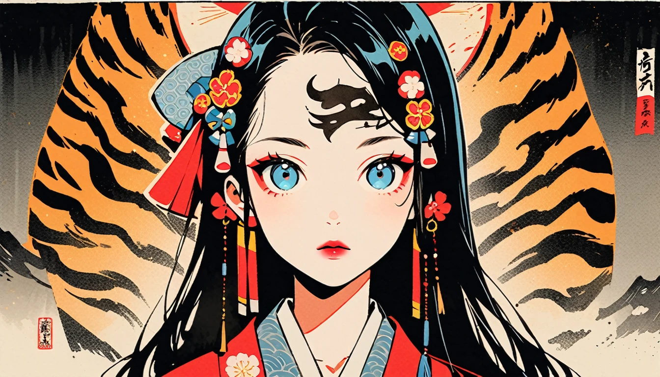 (((Ink Painting))), Fashion portrait color photos, (((1 girl))), (((Tattoo in the center of the forehead))), (((Very flashy hair accessories))), (((Very flashy makeup))), Japanese style headphones, devil, face close-up, front view, Japan人の美少女, Black Hair, Delicate and precise, Modern ukiyo-e style,Japan, Japanese flag, Big tiger