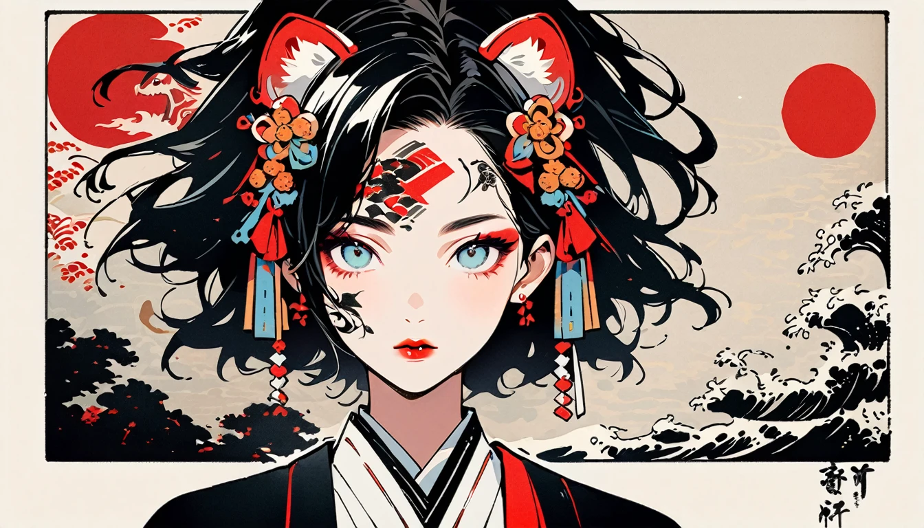 (((Ink Painting))), Fashion portrait color photos, (((1 girl))), (((Tattoo in the center of the forehead))), (((Very flashy hair accessories))), (((Very flashy makeup))), Japanese style headphones, devil, face close-up, front view, Japan人の美少女, Black Hair, Delicate and precise, Modern ukiyo-e style,Japan, Japanese flag, Big tiger