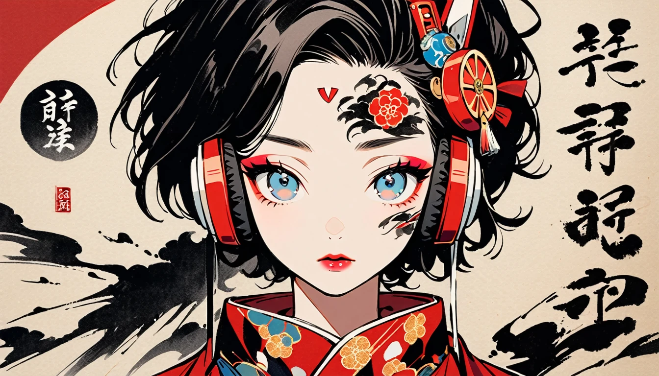 (((Ink Painting))), Fashion portrait color photos, (((1 girl))), (((Tattoo in the center of the forehead))), (((Very flashy hair accessories))), (((Very flashy makeup))), Japanese style headphones, devil, face close-up, front view, Japan人の美少女, Black Hair, Delicate and precise, Modern ukiyo-e style,Japan, Japanese flag, Big tiger