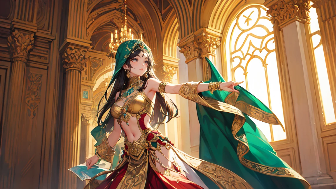 A beautiful woman in an elaborate, gold and emerald outfit similar to traditional Arabian or Persian attire, dancing in front of a majestic palace. The palace features intricate architecture with domes and arches, reflecting the splendor of ancient Arabian or Persian design. The woman has long, flowing dark hair adorned with gold jewelry and a confident expression. Her face is partially covered by a delicate face veil, revealing only her expressive eyes. Her attire includes intricate patterns and details, capturing the essence of Arabian or Persian culture. The overall atmosphere should be both regal and captivating, with the woman's graceful dance movements adding to the scene's elegance and charm.