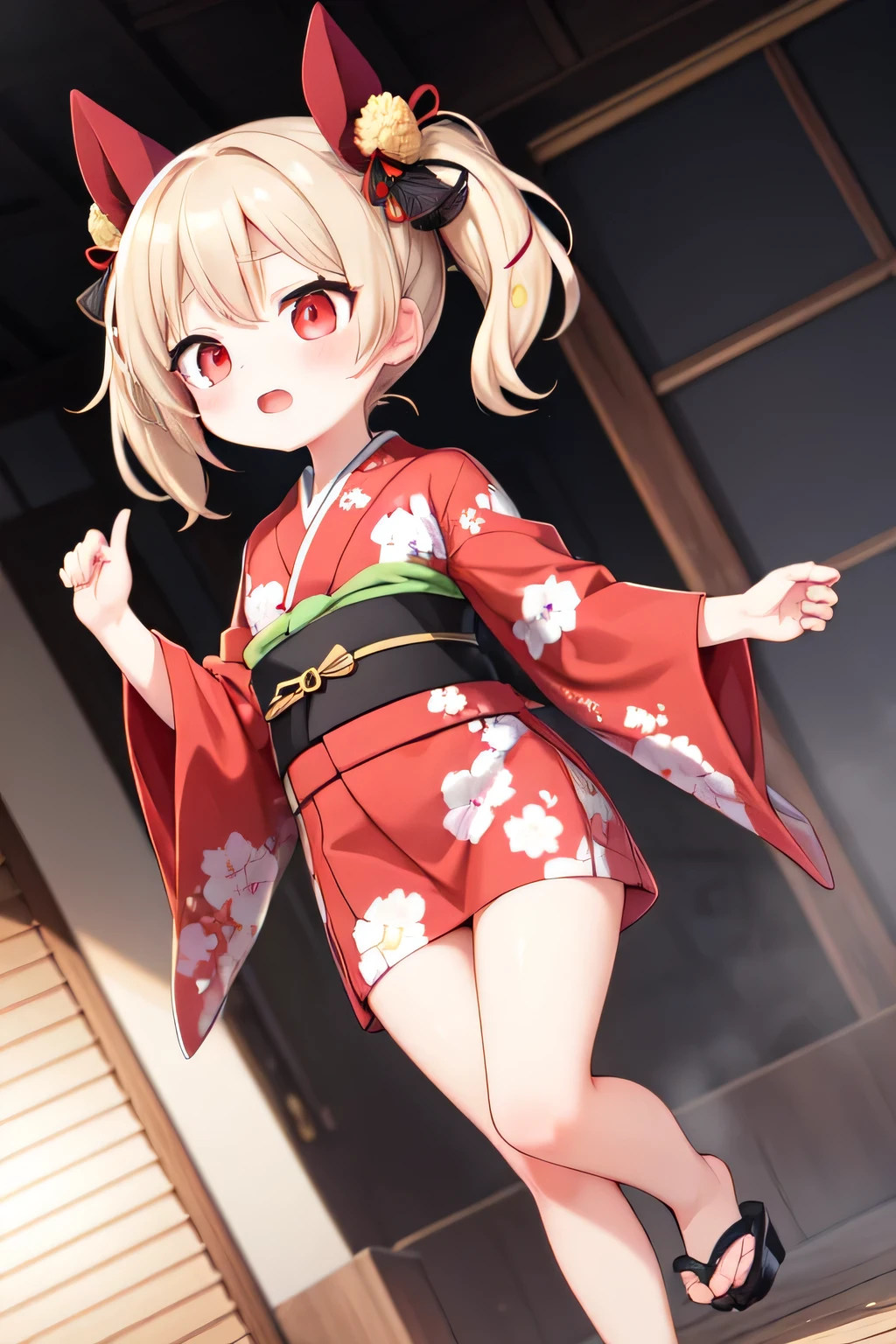 little_girl, Emi, two-tone hair, red eyes, pigtail, hair ornaments, red kimono, print kimono, zori sandals, dynamic angle,