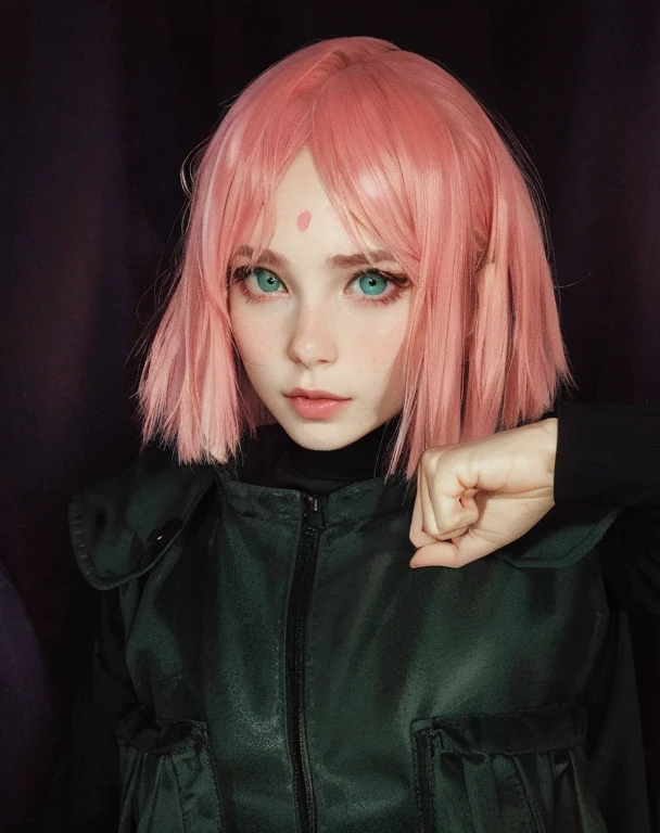 young woman, long pink hair, wide forehead, porcelain skin, pink eyebrows, big emerald green eyes, buttoned nose, thick lips, heart-shaped face, slender body, small breasts, pink leather dress, Sakura Haruno, realistic, realism black details 3d