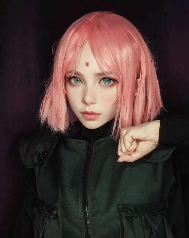 young woman, long pink hair, wide forehead, porcelain skin, pink eyebrows, big emerald green eyes, buttoned nose, thick lips, heart-shaped face, slender body, small breasts, pink leather dress, Sakura Haruno, realistic, realism black details 3d