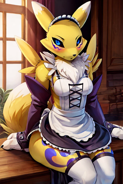 score_9, score_8_up, BREAK, source_anime, (1girl, solo), uncensored, perfect body, slim, thigh highs, fingerless gloves, anthro, furry, (Maid Outfit, sitting:1.2), Renamon