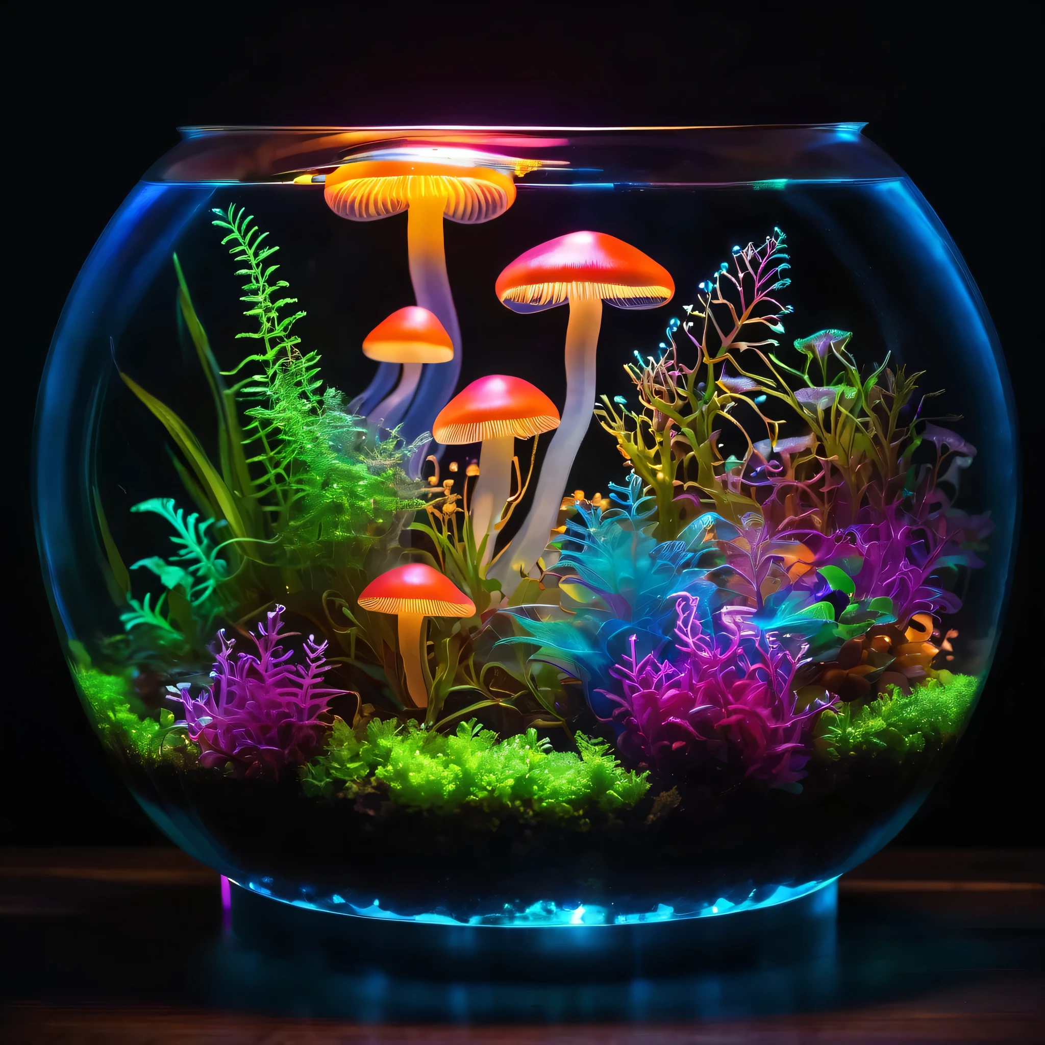 Glowing mushrooms and plants in a jellyfish terrarium, vibrant colors, bioluminescence, dark background.