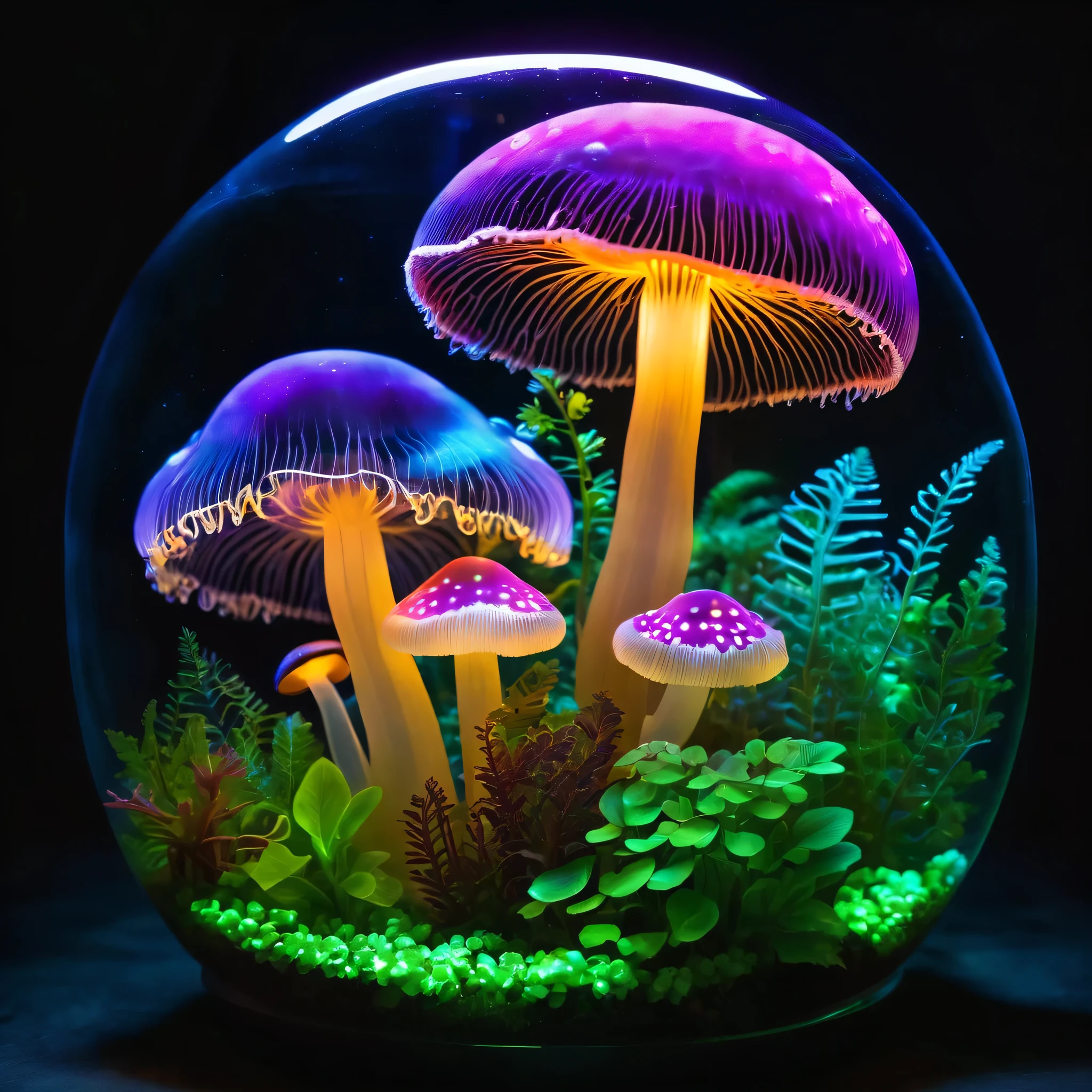 Glowing mushrooms and plants in a jellyfish terrarium, vibrant colors, bioluminescence, dark background.