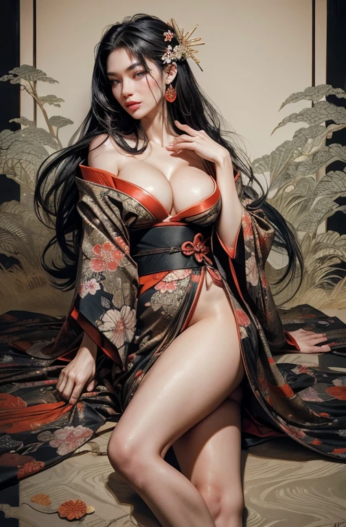 Wait warrior sexy, pretty face, Delicious Company, Alluring figure, Wearing a sexy open kimono. The artwork is created in a medium reminiscent of Japanese ink paintings....., Features bold brushstrokes and a Monochromatic color palette. artist'Masterful technique reveals the intensity and power of the image'sense of presence,with the highest quality, Perfectly capture every detail with ultra-high resolution. Textures and intricate patterns on kimonos are rendered with extreme precision. Lighting is carefully designed,Enhance drama, Features deep shadows and subtle highlights. General, The artwork exudes elegance and power, Combining traditional Japanese aesthetics with a modern feel. Monochromatic color palette, Combine details, Create captivating and immersive experiences for your audience.