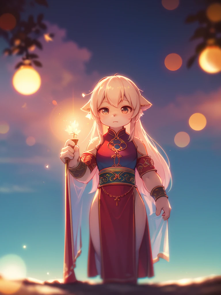 (Sumilux f1.4 50mm , low Latitude old color negative film , cross process , bokeh, flare, chromatic aberration , soft focus, (Shallow focus) , soft glow , Maximum aperture, high Key , Transparent depiction) , Dwarf girl , Muscular, short , long slit China dress