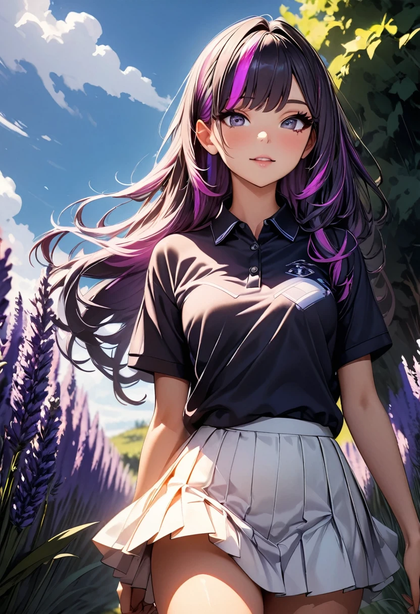 (highest quality:1.2, Very detailed, up to date, Vibrant, Ultra-high resolution, High Contrast, masterpiece:1.2, highest quality, Best aesthetics), Portraiture、girl、Bright colors、Beautiful fine details、Beautiful lip detail、long hair、black and purple ((streaked hair:1.6)), highlights hair: 1.5, rbrown eyes, slim body, small breast, polo-shirt, light purple color, white tight mini skirt, taking a walk in the beautiful lavender garden, vast scenery, sunny day, blue sky, Cowboy shot,