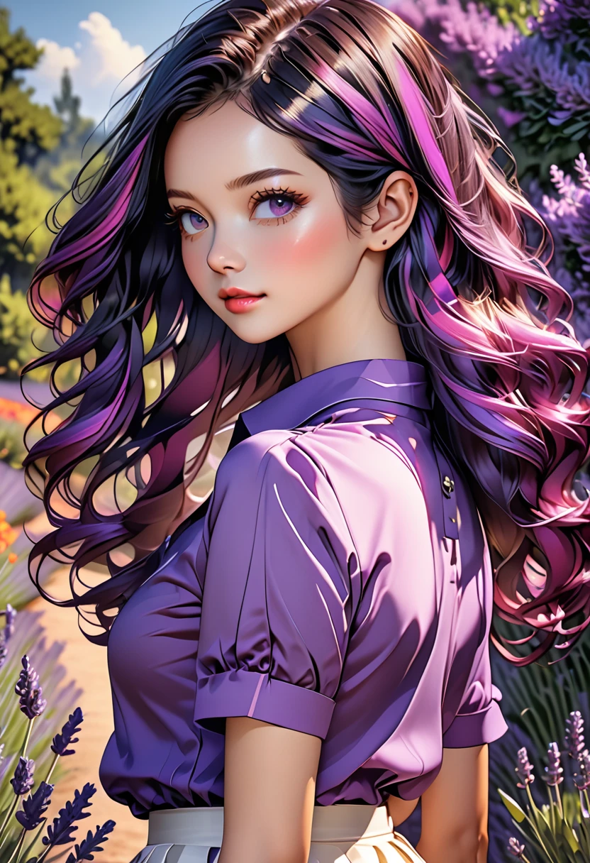 (highest quality:1.2, Very detailed, up to date, Vibrant, Ultra-high resolution, High Contrast, masterpiece:1.2, highest quality, Best aesthetics), Portraiture、girl、Bright colors、Beautiful fine details、Beautiful lip detail、long hair、black and purple ((streaked hair:1.6)), highlights hair: 1.5, rbrown eyes, slim body, small breast, purple polo-shirt, wthite mini skirt, taking a walk in the beautiful lavender garden、sunny day, Cowboy shot,
