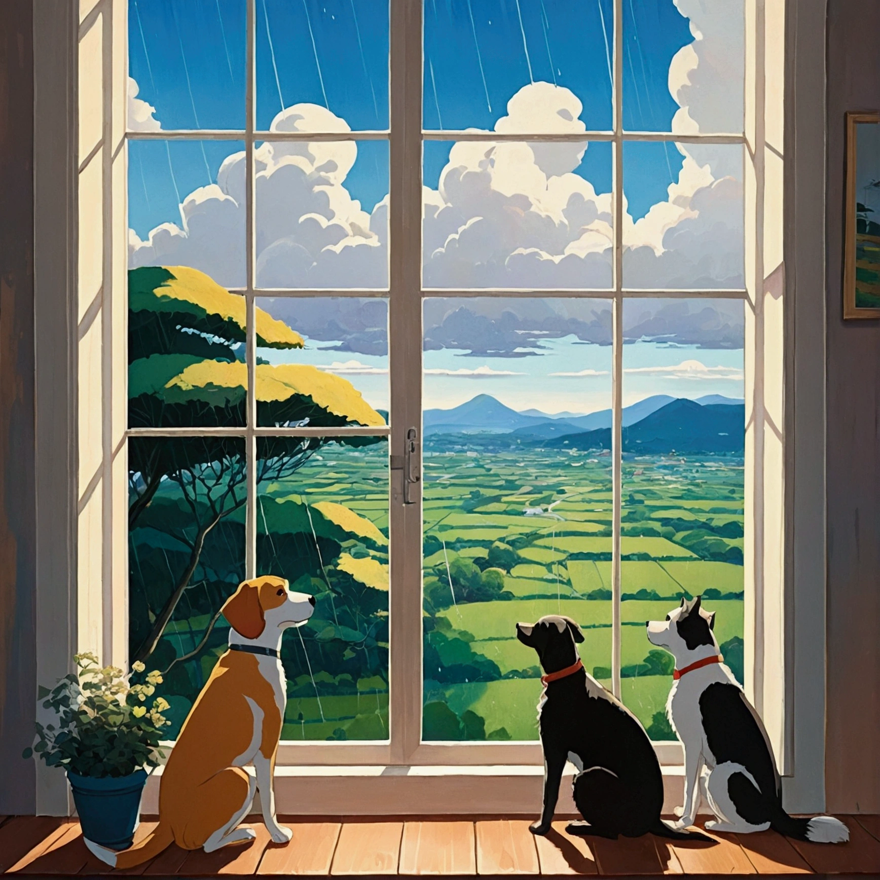 ,far and near method, Abstract painting, accurate,Overlooking, Decorative art, Illustration, anime, anime風, Ghibli-style colors, landscape、Parent and  dogs２Animals、Near the window、Inside the house、It&#39;s raining outside、