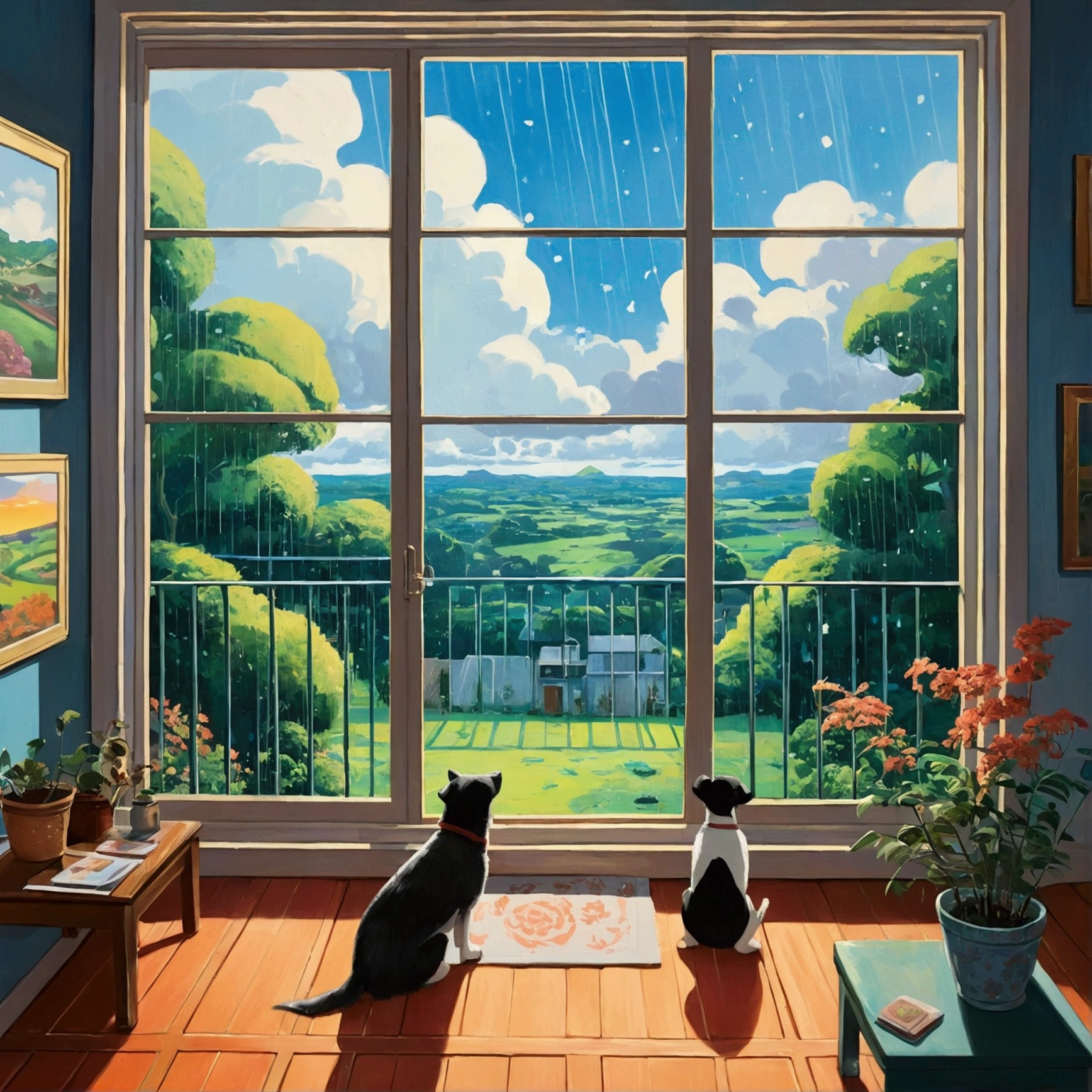 ,far and near method, Abstract painting, accurate,Overlooking, Decorative art, Illustration, anime, anime風, Ghibli-style colors, landscape、Parent and dogs2Animals、Near the window、Inside the house、It's raining outside、